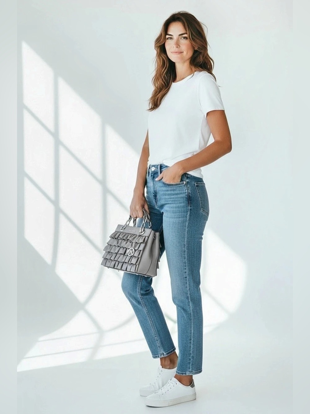 Michael Kors Cynthia Small Ruffled Satchel Gray Silver-Tone Hardwar - Picture 2 of 16